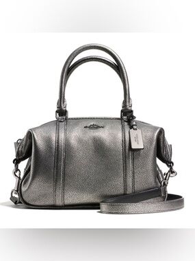 Coach Dark Gunmetal Black Central Satchel Metallic Leather Handbag 36307